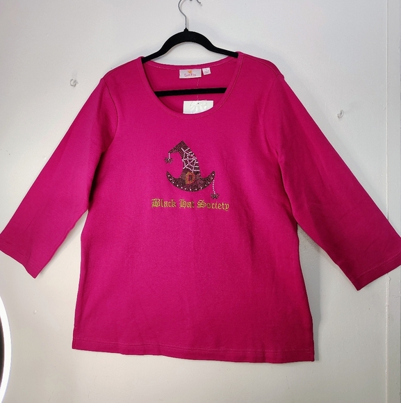 Quacker Factory women's casual blouse, 100% cotton, size L, pink, rhinestone. - Picture 1 of 11